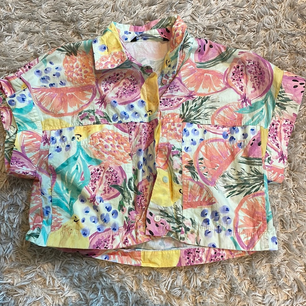 Zara tropical fruits button up blouse